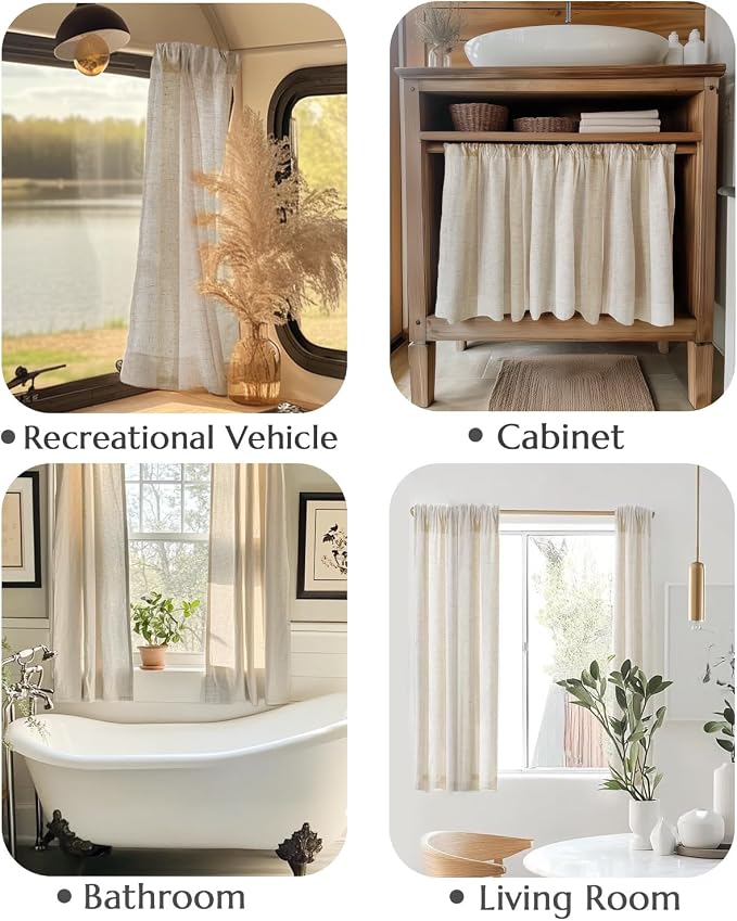 jinchan Linen Tier Curtains with Lined, 26x36, 2 Panels, Natural | Light filtering, rod pocket, cafe curtains, machine washable, small window treatment, cottage style, kitchen, laundry room
