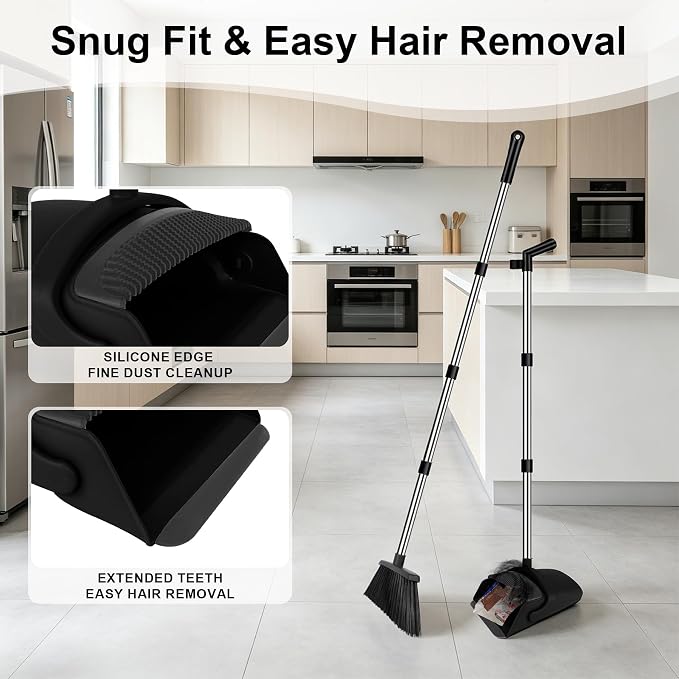 Broom and Dustpan Set with Long Handle, 51" Upright Broom & 39" Dustpan Combo, Pet Hair Rubber Lip Dustpan with Built-in Comb, Standing Dust Pan Set for Home Kitchen Office Indoor Use