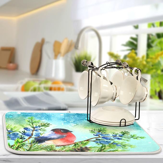 Absorbent Dish Drying Mat for Kitchen Counter - Winter Snow Blue Bird Microfiber Drying Pad, Reversible Drainer Mats for Countertop, Large 18" x 24"