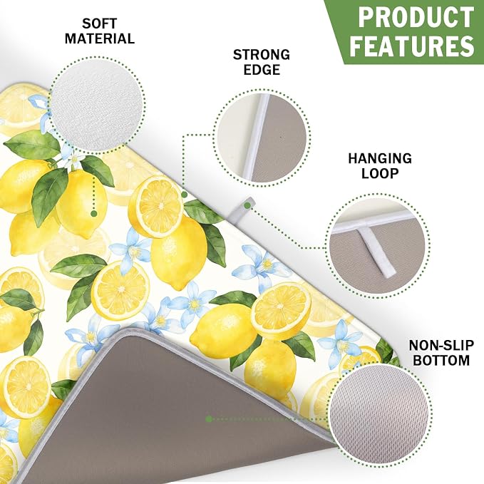 Kawani Lemon Dish Drying Mat 16x18 Inch Absorbent Reversible Summer Drying Mat Floral Lemon Fruits Dish Drying Rack Mat Yellow Summer Themed Dish Drainer Mat for Kitchen Counter Coffee Bar