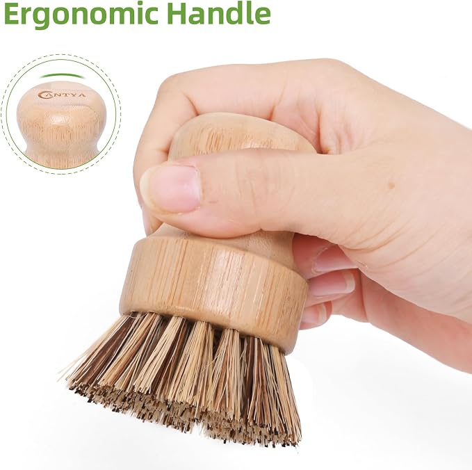 6 Packs Bamboo Dish Scrubber - Hard Bristle Natural Bristle Brush Union Fiber and Tampico Fiber Bamboo Dish Brush for Washing Cast Iron Pan/Pot