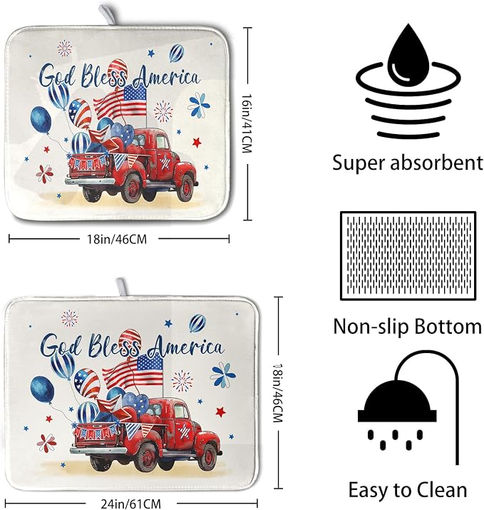 4th of July Drying Mat for Kitchen Counter 18 x 24 Inch US Independence Day Patriotic Truck Dish Drying Mat Polyester American Flag Dish Drainer Mat Super Absorbent Dish Rack Pad for Coffee Bar Sinks