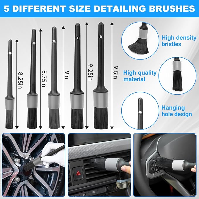 THINKWORK Car Detailing Kit with Multi-Size Drill Brushs & Extension Pole | 4 Drill Brushes, Deep Cleaning for Tires & Wheel Rims, Car Care & Cleaning Gray, Car Detailing Supplies, Gift, 27Pcs