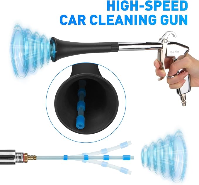 6-9.2Bar Car Air Blow Gun for Car Interior/Exterior Cleaning, Dryer Air Gun | High Pressure Car Detailing Cleaning Tool with 2 Set Nozzle&Towel, Auto Dusting Brush for Vehicle Upholstery Carpet Seat