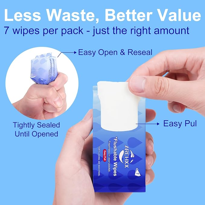 ARCHXX Travel Flushable Wipes, 16 Travel Packs (112 Count), Value Pack, 99% Water with Aloe & Chamomile, Unscented & Hypoallergenic, Mini Wet Wipes, for Sensitive Skin, for Adults & Kids