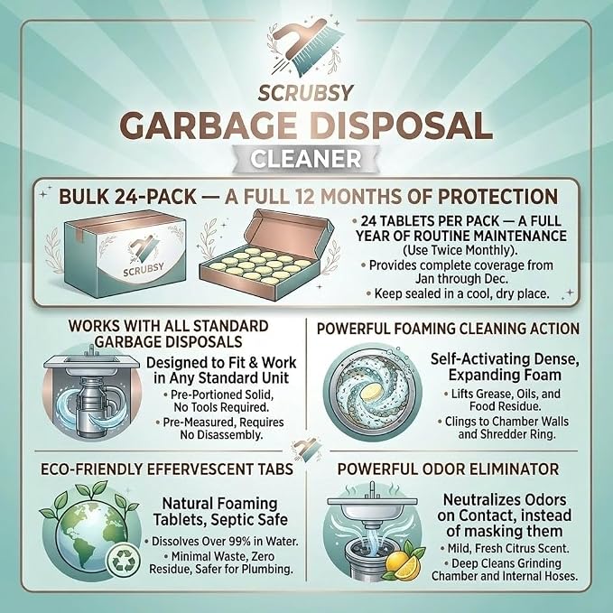 Garbage Disposal Cleaner Deodorizer Tablets 24 Pack, Powerful XL Foaming Tablet - Fresh Citrus Foam Sink Garbage Disposal Odor Freshener, Natural Kitchen Drain Cleaning Care - 1 Year Supply
