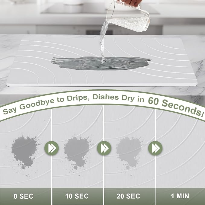 Large Stone Drying Mat for Kitchen Counter, 24" × 16" Diatomite Dish Drying Mat, Quick Dry Stone Mats, Ultra Absorbent Natural Diatomaceous Earth Mats for Dished, Bottles, White