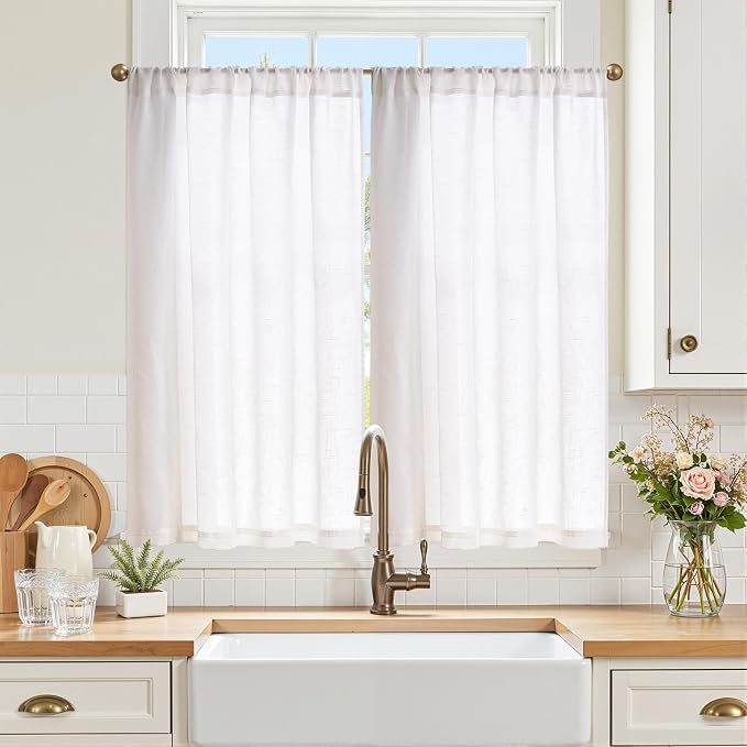 jinchan Linen Kitchen Tier Curtains, 38x45, 2 Panels, Beige White | Light filtering, linen blend, rod pocket, farmhouse style, rustic decor, kitchen, bathroom, laundry room, RV, small windows