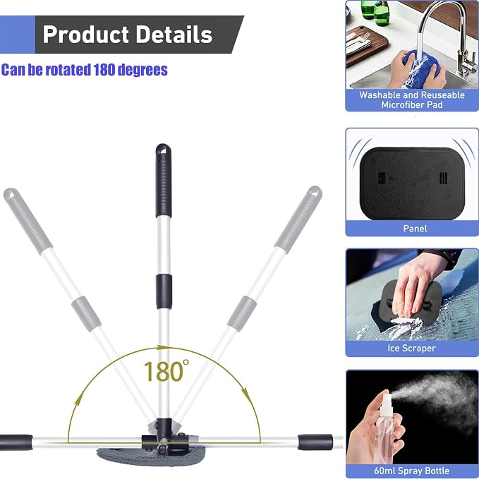 desin Windshield Cleaning Tool, Car Window Cleaner Windshield Cleaner with 4 Reusable and Washable Microfiber Pads and Extendable Handle Auto Inside Glass Wiper