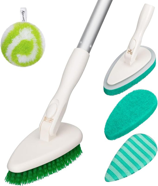 Qaestfy 4-in-1 Tub and Tile Shower Scrubber, 51'' Bathtub Cleaning Brush with Long Handle, Soft & Stiff Bristles Bathroom Scrub Brush, Non-Scratch Shower Cleaner Brush for Cleaning