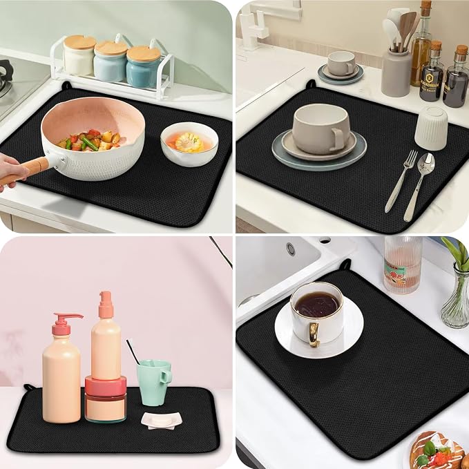GeeRic Microfiber Dish Drying Mat, Super Absorbent Kitchen Dish Drying Pad, Reversible for Countertop, 12*16 inch Black