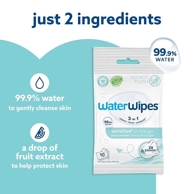 WaterWipes Sensitive+ On The Go Wipes, 3-In-1 Cleans, Cares, Protects, 99.9% Water, Unscented & Hypoallergenic Wet Wipes, 100 Count (10 Packs)