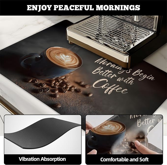 Dish Drying Mat Large Coffee Mat Absorbent Drying Mat for Kitchen Counter Coffee Bar Accessories 32"x 17", Latte Cups 4