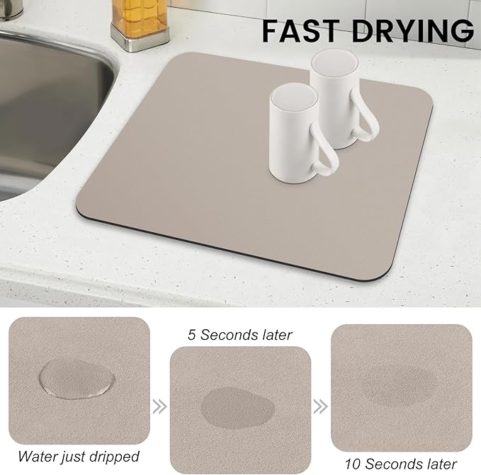 WISELIFE Dish Drying Mat Super Absorbent Drying Mat Large Dish Drying Mats for Kitchen Counter Easy Clean Dish Mat Kitchen Drying Mat15"x 18" Classic Khaki
