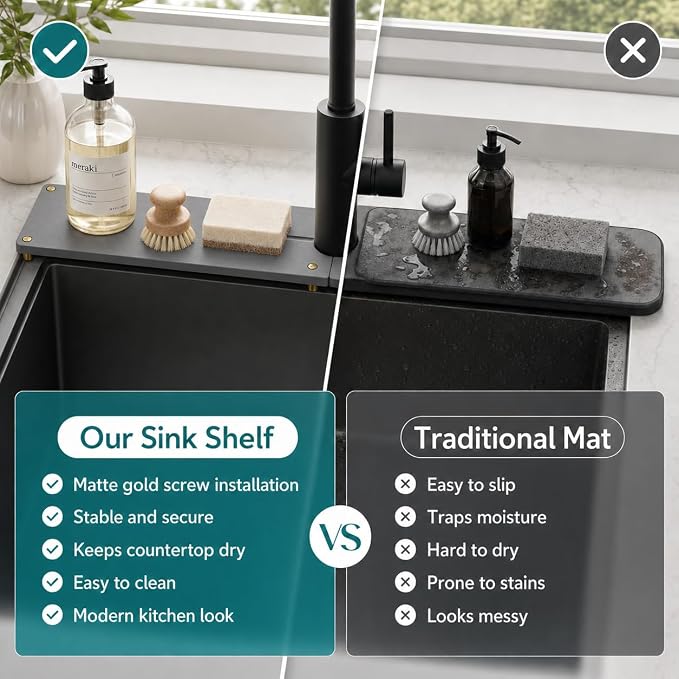 2PCS Stone Faucet Mat for Kitchen Sink, Water Absorbing Sink Tray Organizer for Bathroom Counter, Diatomite Soap Dish Coaster Caddy Riser, Sponge Holder Dispenser Mat, Dark Gray, 23.6" x 4", 1 Set