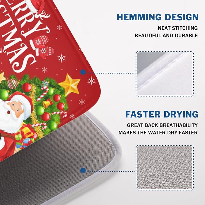 Merry Christmas Dish Drying Mat for Kitchen Counter 18x24 Inch | Xmas Theme Snowman Santa Claus Trees Pattern Dish Drainer Mat Rustic Holiday Absorbent Washable Drying Pad