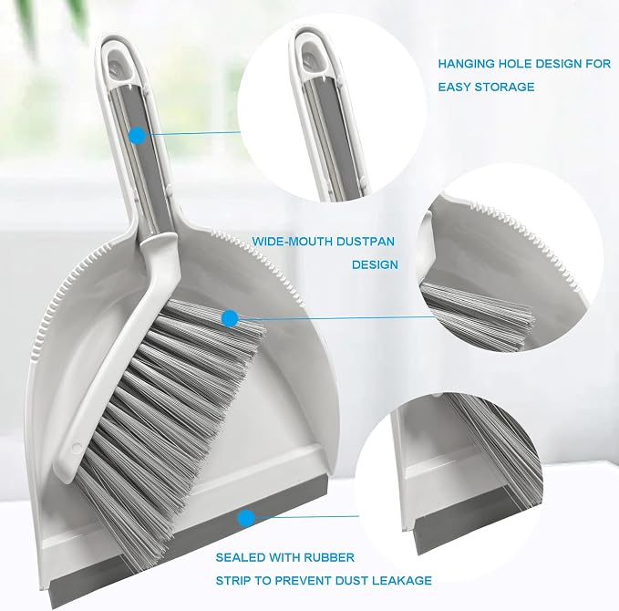 Small Broom with Dustpan Combo Set Mini Broom and Brush Set Hand Sweeper for Cleaning Desk Office Kitchen Pet Nest (White)