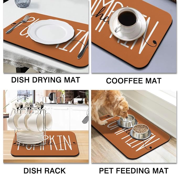 Fall Dish Drying Mat 2-Pack Gingham Pumpkin for Kitchen Counter Dishes | Diatom Mud Mats (18x24, 19.5x12"). Non-slip rubber back for kitchen counter, coffee bar & sink scenes