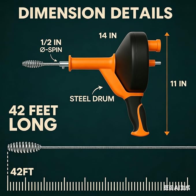 42 FT Drain Snake Hair Drain Clog Remover, Manual Or Powered, Plumbing Snake With Drill Adapte,Unclog Sink Drain Tool, Drain Auger for Toilet、Shower、Kitchen、Sink, No Auto Retract Or Feed, Orange