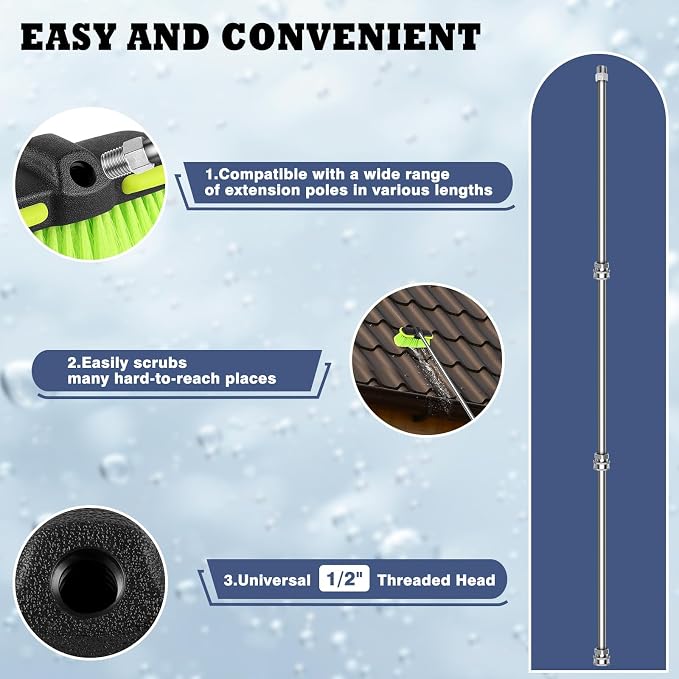 Car Wash Brush Head 8", Scrub Brush Attachment for Extension Pole, Outdoor Cleaning Tool for Window, Wall, Floor, Deck, Patio