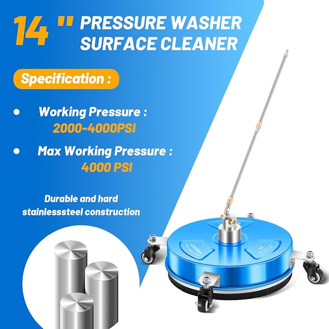 LidoDola 14'' Pressure Washer Surface Cleaner Blue, Power Washer Accessory | Stainless Steel Housing with 4 Wheels, 1/4" QC, 2 Extension Wands & 2 Replacement Nozzles, for Gas & Electric Pressure Washer