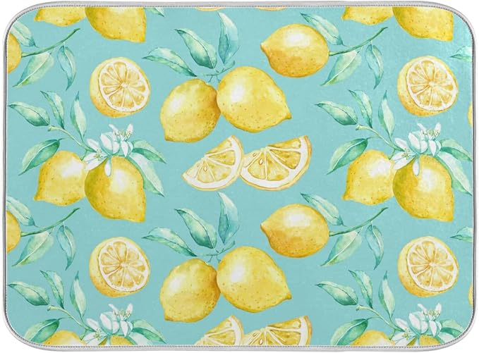 Absorbent Dish Drying Mat for Kitchen Counter - Yellow lemon teal background Microfiber Drying Pad, Reversible Drainer Mats for Countertop, Large 18 x 24 inch