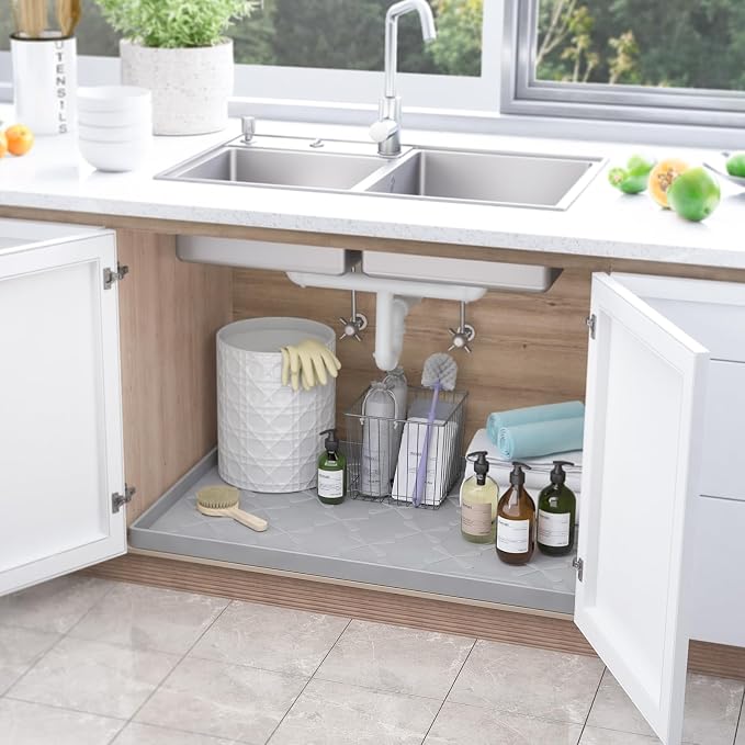 SIKADEER 37" x 22" Under Sink Mat Waterproof, Silicone Mat Kitchen Drawer Shelf and Cabinet Liner, Sink Protector for Kitchen Organizers and Storage, Boot Tray Pet Food Mats