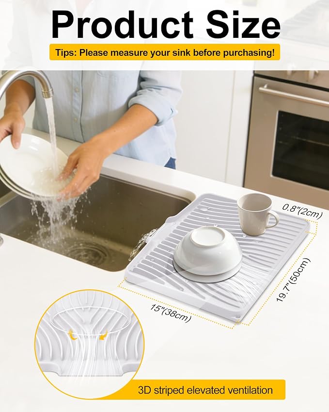 Silicone Dish Drying Mat for Kitchen Counter, Non-Slip Drain Pad with Built-in Drain, Heat Resistant Dish Drying Pad, Multi-Use Drying Mat, Dishwasher Safe & Hangable, White, 19.7" x 15"