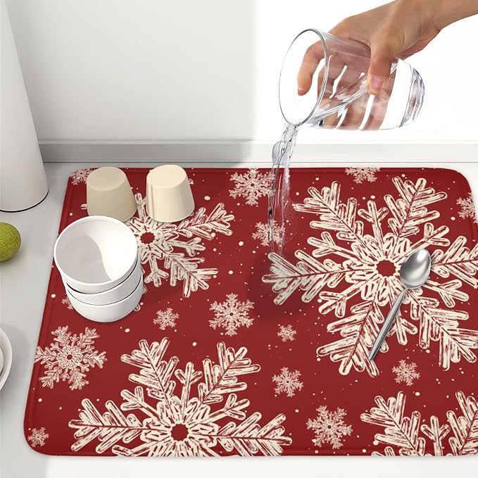 Red Christmas Dish Drying Mat for Kitchen Counter 18x24 Inch | Christmas Snowflake Dish Drainer Mat Rustic Farmhouse Xmas Holiday Absorbent Washable Drying Pad