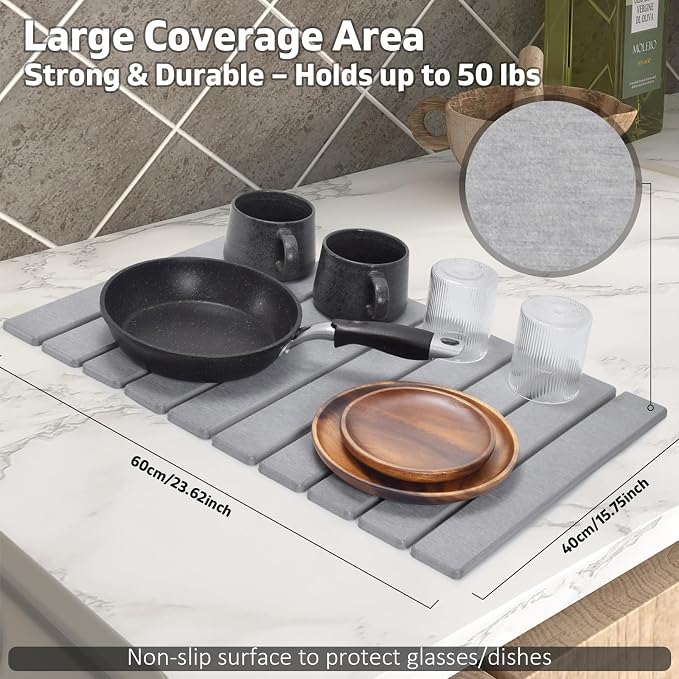 Stone Dish Drying Mat for Kitchen Counter – Collapsible 24"(L)×16 (W) Super Absorbent Diatomaceous Earth Dish Drying Mat, Grey Kitchen Counter Mats for Dishes, Bottles, Cups, Match Any Countertop