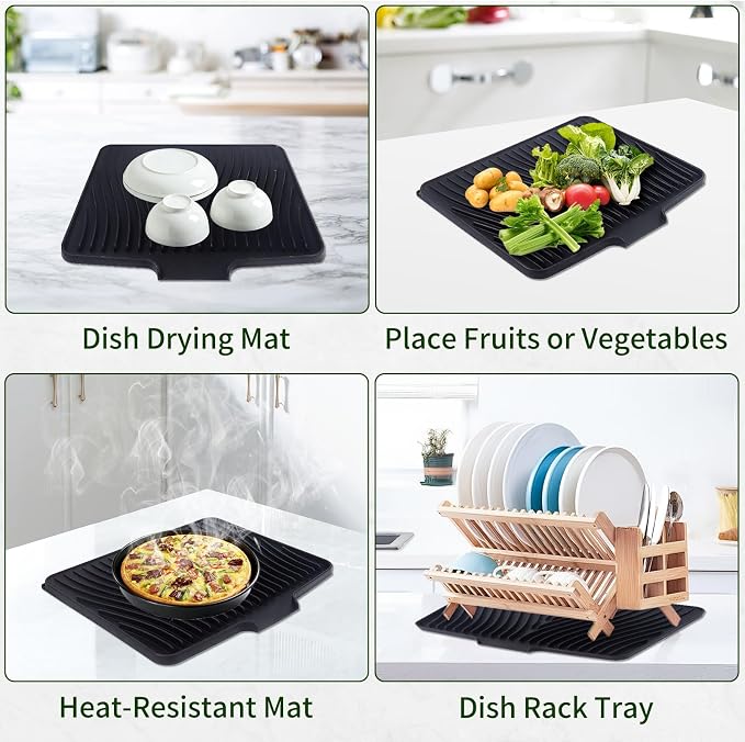 Silicone Dish Drying Mat 16x13,Food-Grade Silicone,Easy Clean Pad for Countertop Protection,Heat Resistant,Easy Clean,Non-Slip Drain Pad with Built-in Drain,Multi-Functional Use,Black