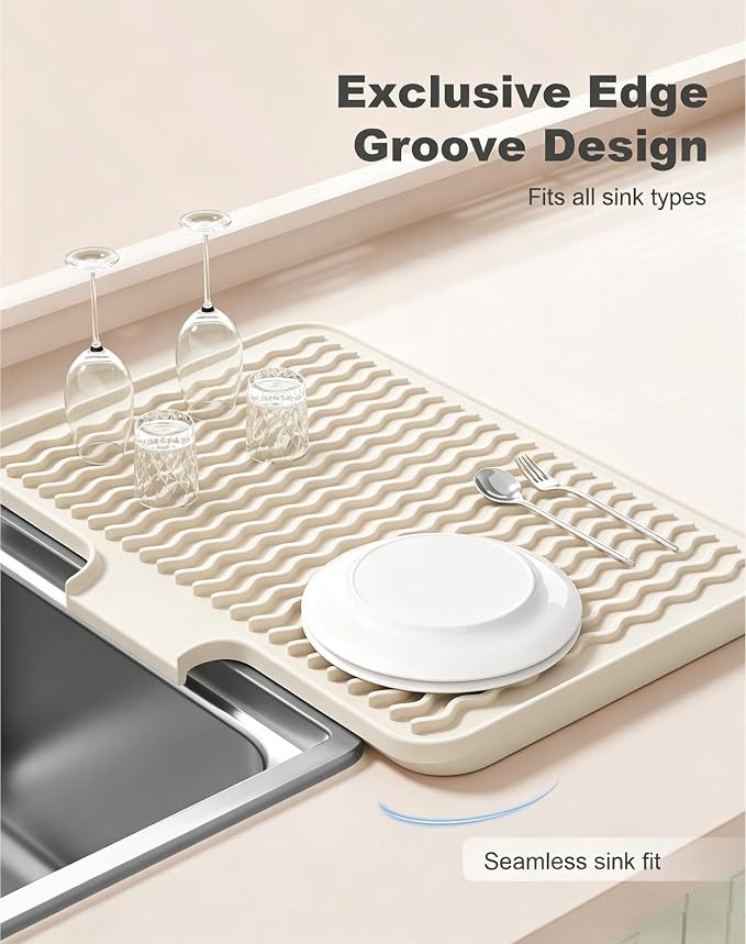 Rnivvi Silicone Dish Drying Mat for Kitchen Counter, 16 x 12" Drainer Pad with Drainage Spout, Non-Slip Countertop Protector Heat Resistant Trivet, Kitchen Decor Mat Sink Drip Pad for Dishes, Beige