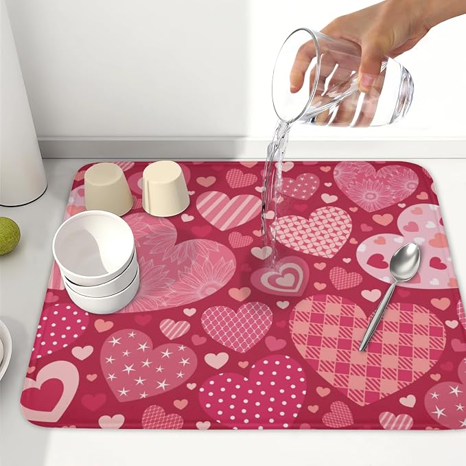 Valentine's Day Red Heart Dish Drying Mat 16x18 Inch | Polyester，Absorbent Microfiber，for Kitchen Coffee Dining Bar Decor