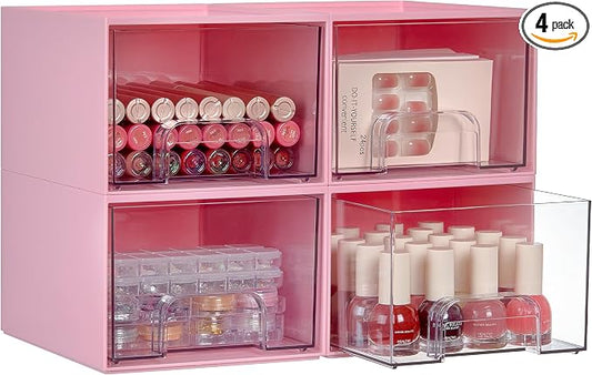 Vtopmart 4 Pack Small Clear Stackable Storage Drawers, Acrylic Bathroom Makeup Organizer, Plastic Storage Bins for Vanity, Undersink, Kitchen Cabinets, Pantry, Home Organization,Pink