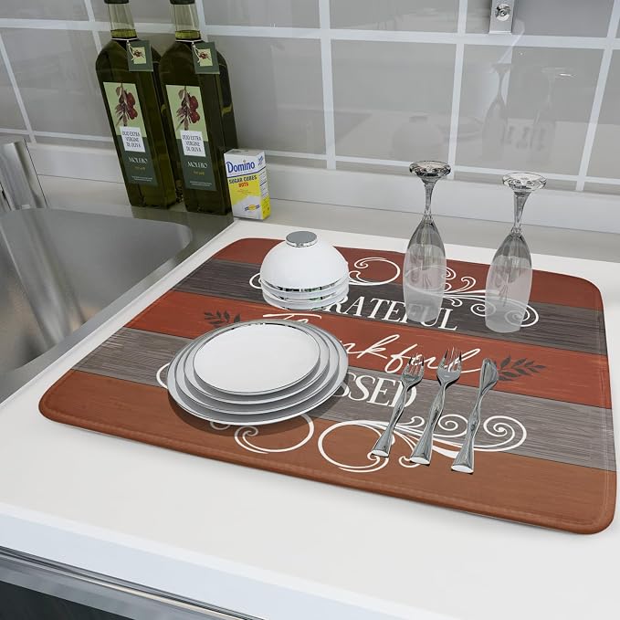 Thanksgiving Dish Drying Mat for Kitchen Counter Fall Farmhouse Grateful Blessed Microfiber Absorbent Dish Draining Reusable Washable Foldable Extra Large 18"x24"