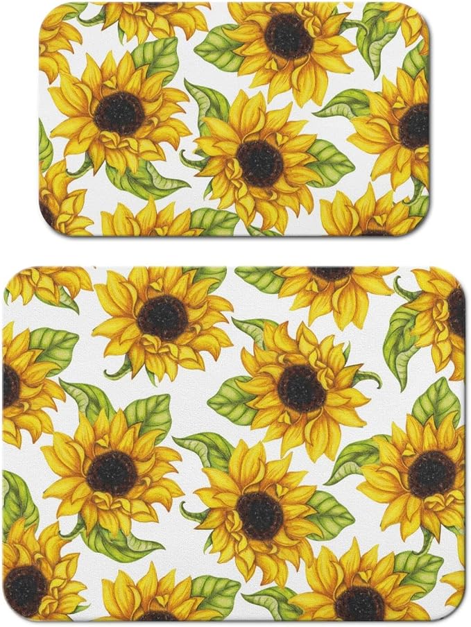 Dish Drying Mat 2-Pack in Sunflower Floral for Kitchen Counter Dishes Mat | Diatom Mud Mats (18x24, 19.5x12"). Non-slip rubber back for kitchen counter, coffee bar & sink scenes