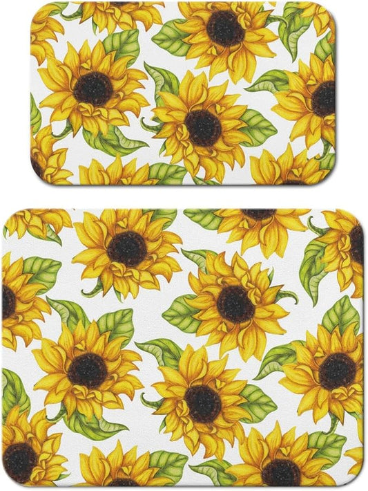 Dish Drying Mat 2-Pack in Sunflower Floral for Kitchen Counter Dishes Mat | Diatom Mud Mats (18x24, 19.5x12"). Non-slip rubber back for kitchen counter, coffee bar & sink scenes