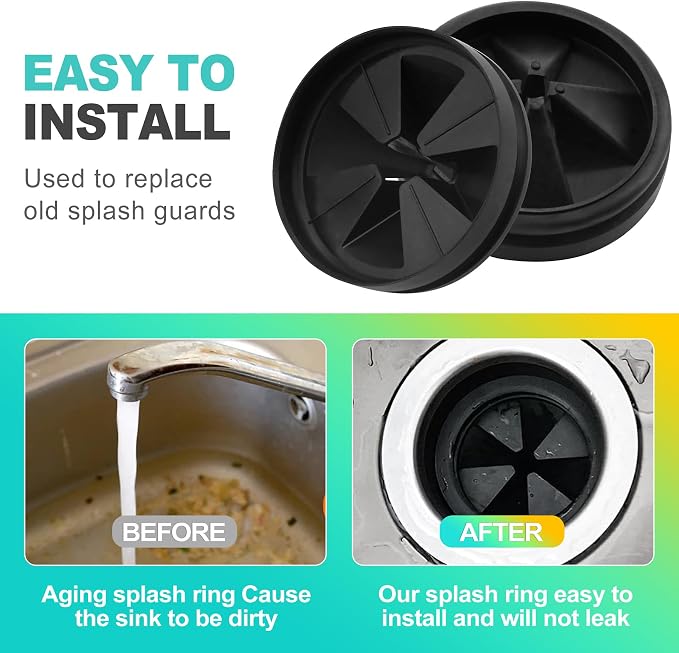 2 Pack 3 3/8 Inch Garbage Disposal Splash Guard & Stopper Set, Drain Cover & Strainer, Easy Install Replacement Parts for Kitchen Sinks, Essential Home Kitchen Accessory, Black