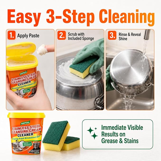 STAINLESS STEEL CLEANER & POLISH - Heavy Duty Cleaning Paste for Stove, Oven, Pans, Cookware, Sink | All Purpose Multi-Purpose Household Cleaner | Removes Grease & Stains | with 2 Sponges (500g)