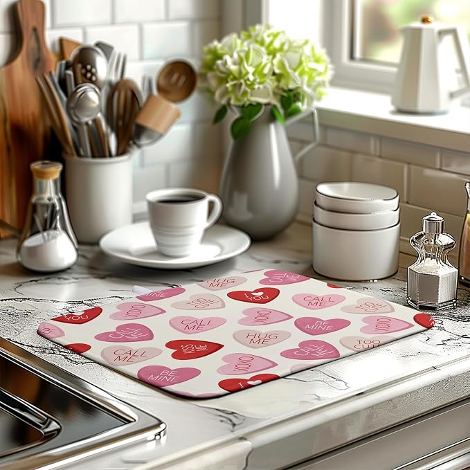 Valentine Love Heart Dish Drying Mat for Kitchen Counter 18x24 Inch Valentines Day Dish Mats Absorbent Microfiber Dish Draining Mat Reversible Dish Drying Rack Mat with Hanging Loop