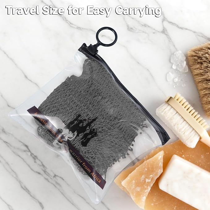 SubSahara Authentic African Net Sponge - 2 Pack Exfoliating Bath & Shower Loofah Sponge for Body & Face, Gentle Scrubber for All Skin Types, Travel, Durable (Black & Grey)