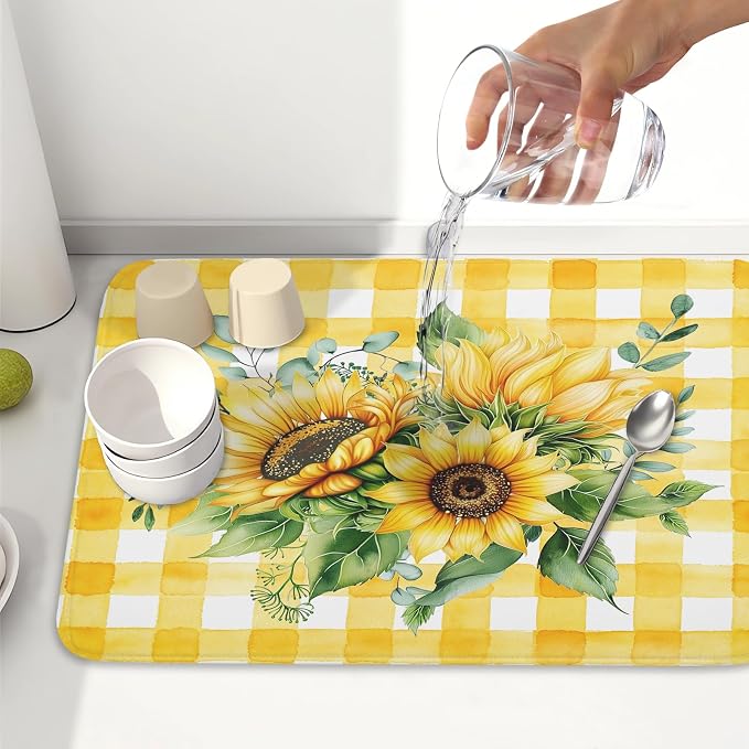 Sunflower Dish Drying Mat 18x24 Inch Absorbent Reversible Summer Sunflower Drying Mat Summer Plaid Dish Drying Rack Mat Yellow Summer Themed Dish Drainer Mat for Kitchen Counter Coffee Bar