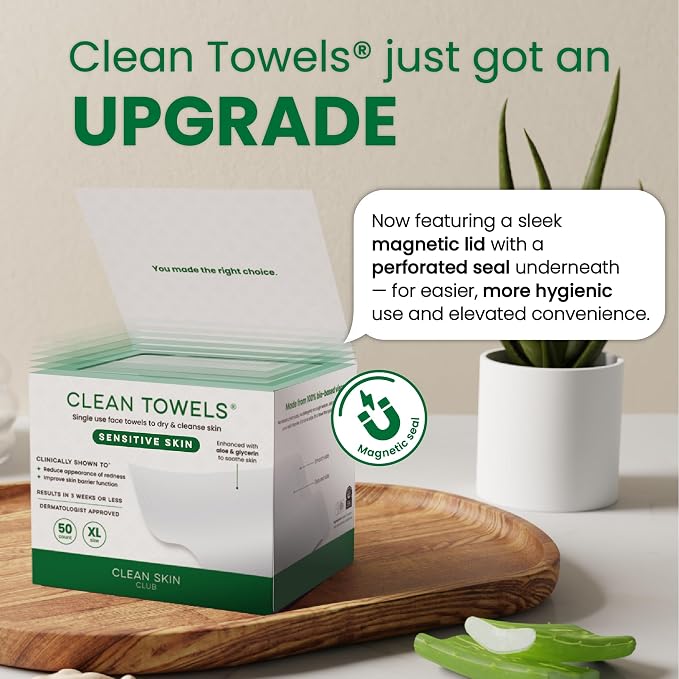 CLEAN SKIN CLUB Sensitive Skin Clean Towels® XL, Ultra-Soft Disposable Face Dry Wipes Infused with Aloe & Glycerin, XL - 2 Pack (100 count)
