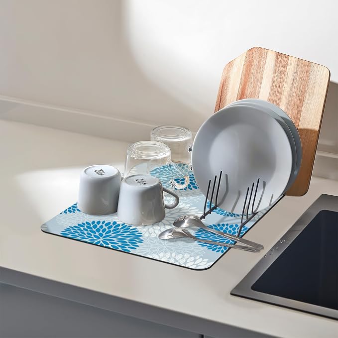 Dish Drying Mat, Dish Mat Drying Kitchen Mat with Rubber Backed, Hide Stain Kitchen Super Absorbent Draining Mat, Easy to Clean Dish Rack Pad for Dishes Countertop (Blue Floral, 12" x 19" )