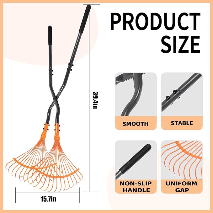 Leaf Grabber Rake with Long Handle, Black and Orange, Heavy-Duty Garden Lawn Cleanup Tool