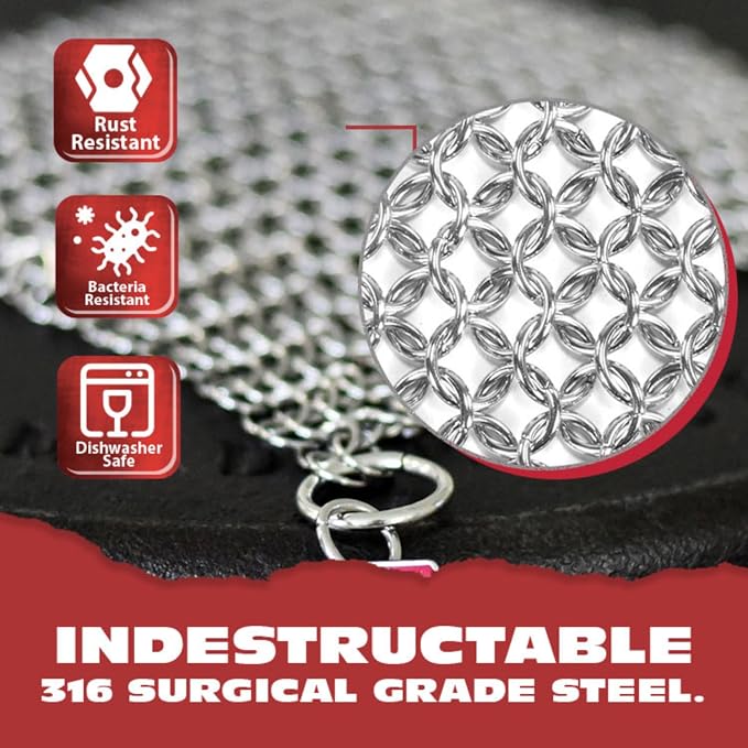 Knapp Made CM Scrubber 9" x 6" Small Ring Chainmail Cast Iron Scrubber, Premium Stainless Steel Mesh Cleaner for Pre-Seasoned Pans, Dutch Ovens, Grills and Skillets