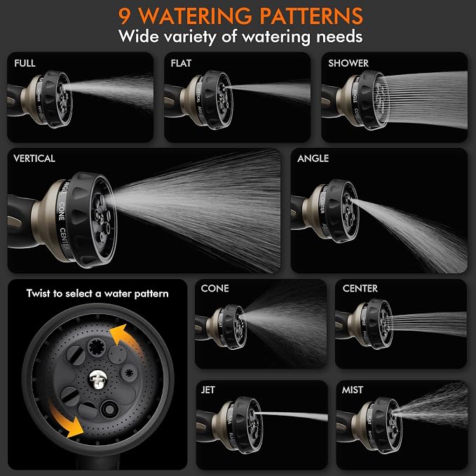 RESTMO Hose Nozzle Heavy Duty, Metal Water Hose Sprayer for Garden | 9 Spray Patterns, Leak Proof, Thumb Flow Control, On/Off Valve, Ideal for Outdoor Lawn & Plant, Car & Pet, Black
