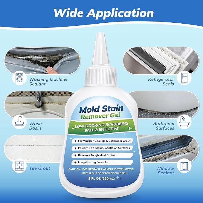 Mold-Stain Remover Gel for Washing Machine & Bathroom – Low Odor Remover Gel for Rubber Gaskets, Shower Grout, Silicone Sealant, Toilet, Kitchen Sink