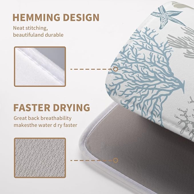 Summer Dish Drying Mat 16×18 Inch Coastal Nautical Kitchen Drying Mats Blue Gray Ocean Microfiber Dish Pad Heat Resistant Absorbent Dish Rack Mat for Home Kitchen Counter Decor