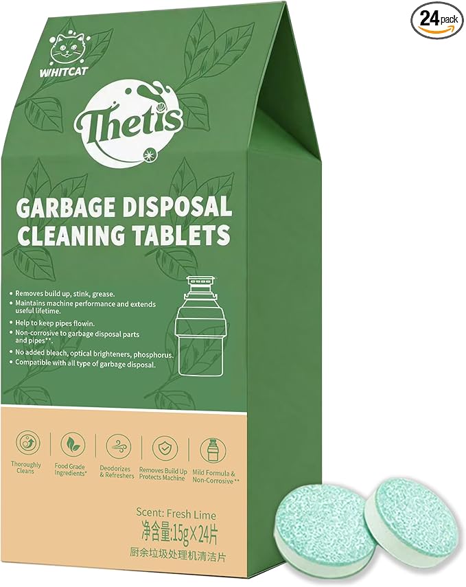 Whitecat Garbage Disposal Cleaner Tablets, 24 Pack (1 Year Supply) – Foaming Lime Deodorizer for Sink, Removes Grease & Build-Up, Bleach-Free, Safe for All Disposals